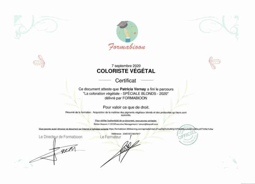 Certificat de coloration végétale spéciale blonds de Patricia Vernay