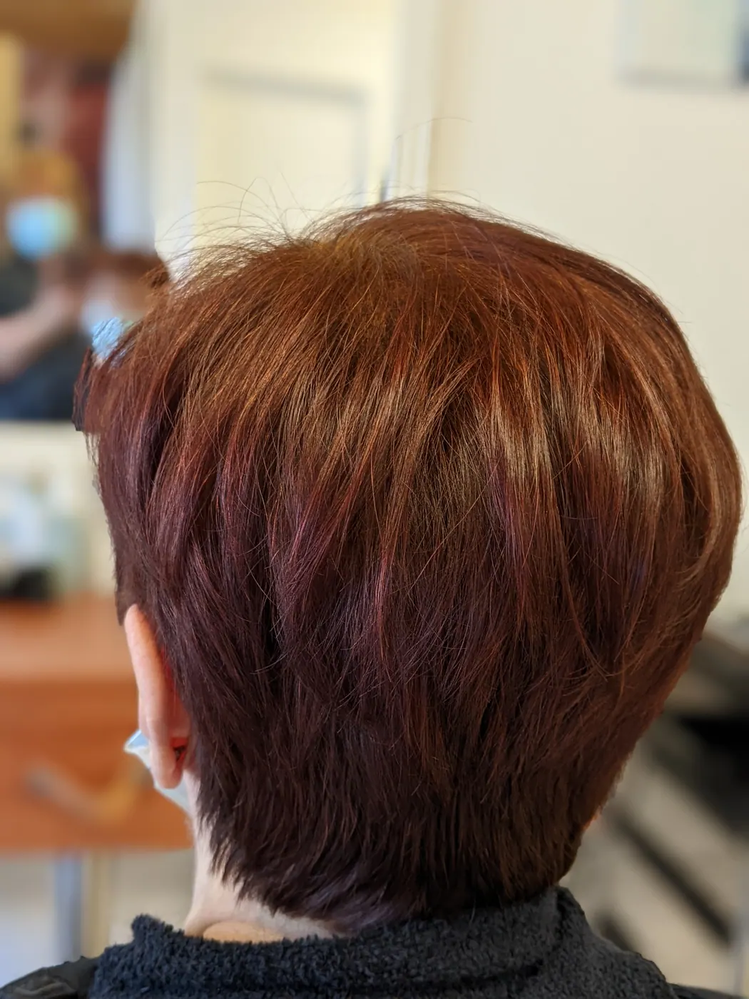 Coloration végétale sur cheveux courts réalisée au salon